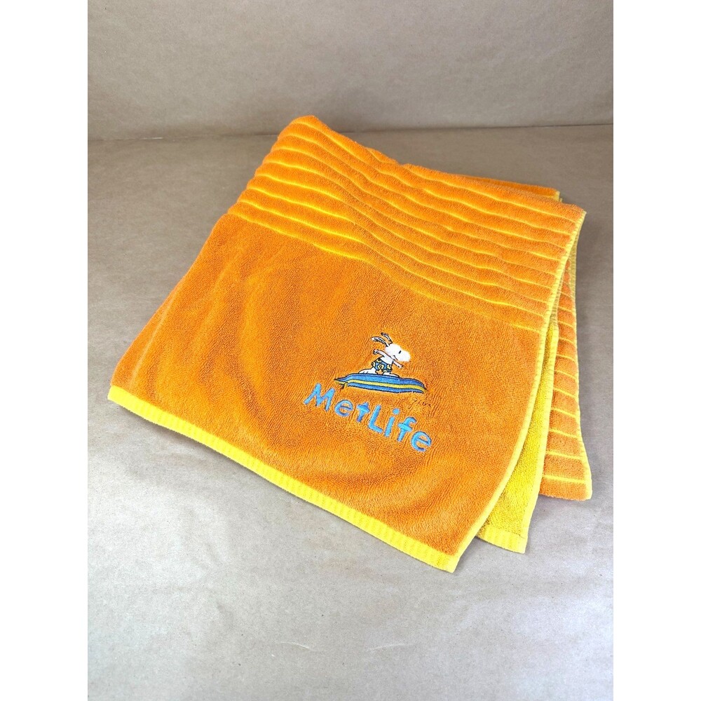 Vintage MetLife Snoopy Beach Towel Orange Striped Peanuts Surfing Embroidered - Picture 3 of 12